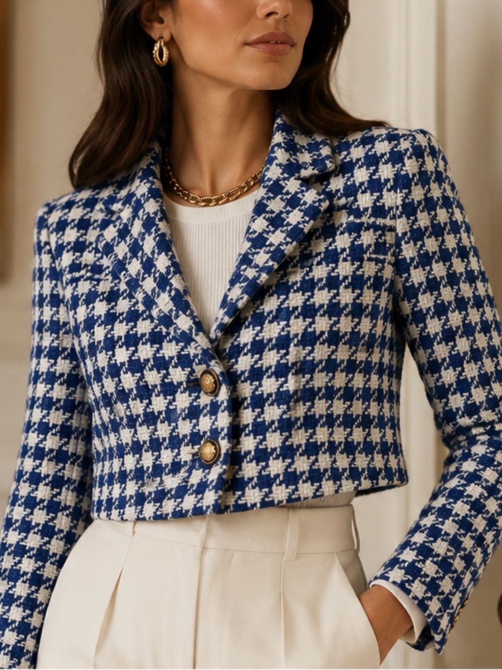 Zara Blue Houndstooth Tweed Blazer XS